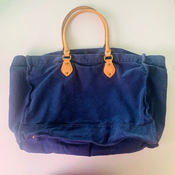 J Crew Blue Canvas Brown Leather Trim Large Shoulder Bag Carryall Tote Bag Beach - Picture 2 of 8
